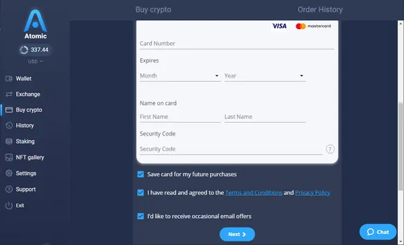 Buy Ethereum payment information screen in Atomic Wallet