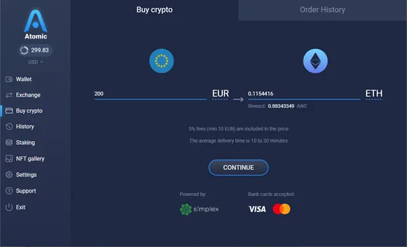 Buying Ethereum for EUR in Atomic Wallet 